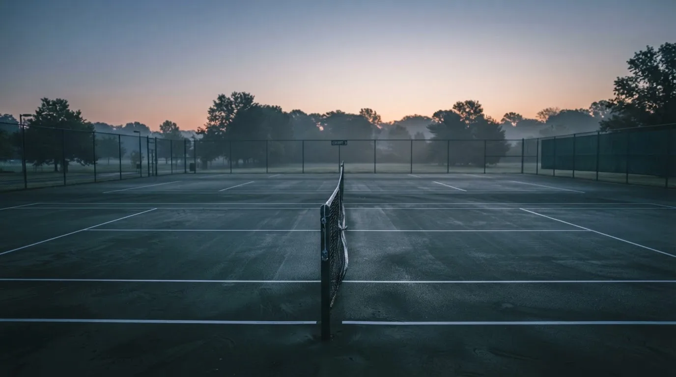 Ein Tennisplatz im Morgengrauen, Netz und Linien liegen im Tau, niemand ist zu sehen und der Himmel färbt sich langsam hell.